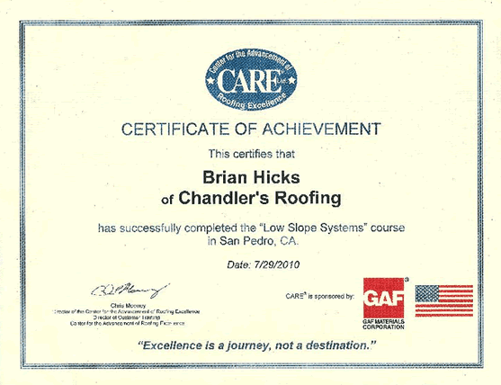 Chandler's Roofing - CARE Certficate of Achievement