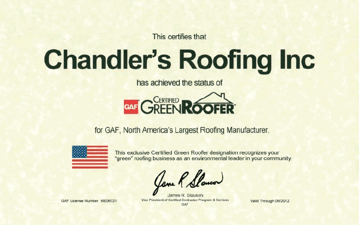 Chandler's Roofing - GAF Certified Green Roofer Certificate