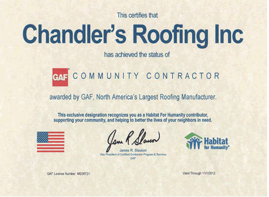 Chandler's Roofing - GAF Community Contractor Certificate