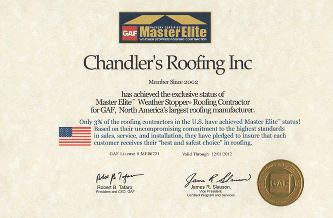 Chandler's Roofing - GAF Master Elite Contractor Certificate