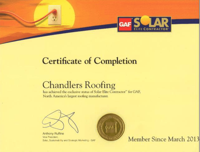 Chandler's Roofing - GAF Solar Training Certificate of Completion