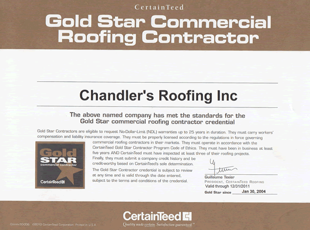 Chandler's Roofing - CertainTeed Gold Star Commercial Roofing Contractor Logo