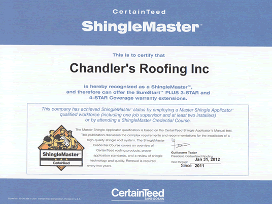 Chandler's Roofing - CertainTeed ShingleMaster Certificate