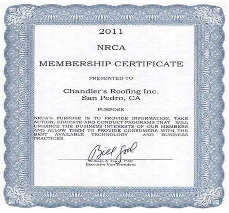 Chandler's Roofing - National Roofing Contractor's Assocation Membership Certificate